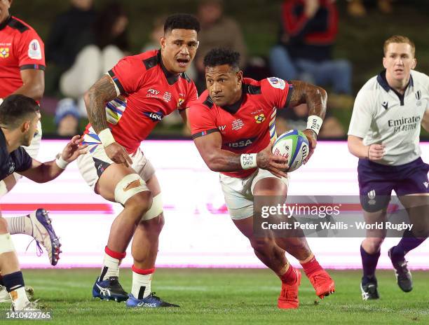 Tonga's Sonatane Takulua during the Rugby World Cup Pacific Play-Off match between Tonga and Hong Kong at Sunshine Coast Stadium on July 23, 2022 in...