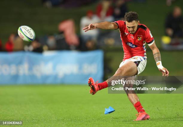 Tonga's William Havili kicks a conversion during the Rugby World Cup Pacific Play-Off match between Tonga and Hong Kong at Sunshine Coast Stadium on...