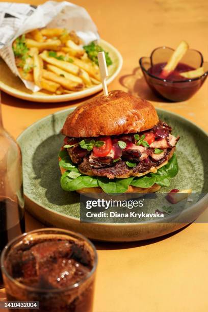 homemade burger with grilled meat - camel colored stock pictures, royalty-free photos & images