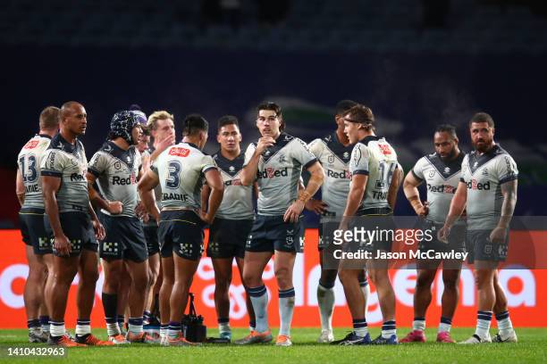 Storm players look on after conceding a try during the round 19 NRL match between the South Sydney Rabbitohs and the Melbourne Storm at Stadium...