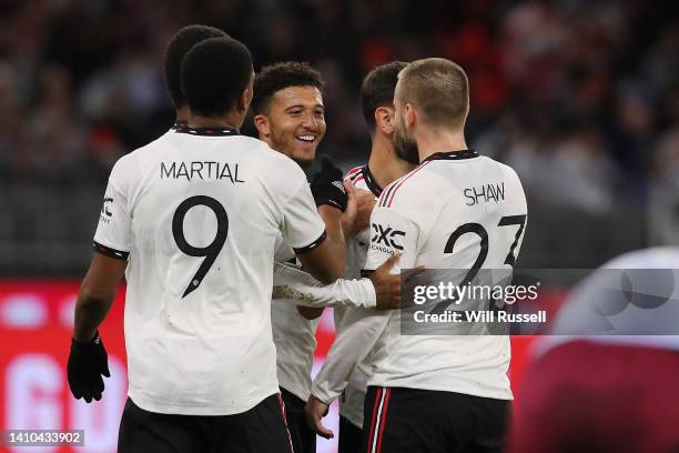 Jadon Sancho of Manchester United celebrates with team mates after scoring a goal during the Pre-Season Friendly match between Manchester United and...