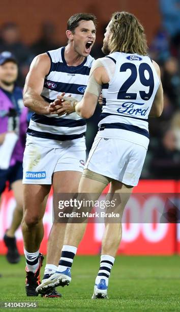 Tom Hawkins of the Cats celebrates a goal with Cameron Guthrie of the Cats during the round 19 AFL match between the Port Adelaide Power and the...