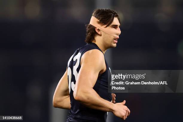 Zavier Maher of Carlton looks on during the round 18 VFL match between Carlton Blues and GWS Giants at Ikon Park on July 23, 2022 in Melbourne,...