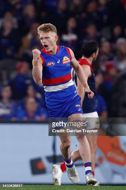 Adam Treloar of the Bulldogs is celebrates a goal during the round 19 AFL match between the Western Bulldogs and the Melbourne Demons at Marvel...