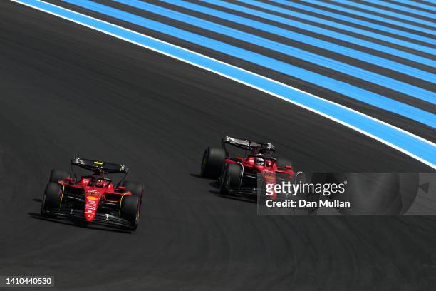 Carlos Sainz of Spain driving the Ferrari F1-75 leads Charles Leclerc of Monaco driving the Ferrari F1-75 during final practice ahead of the F1 Grand...