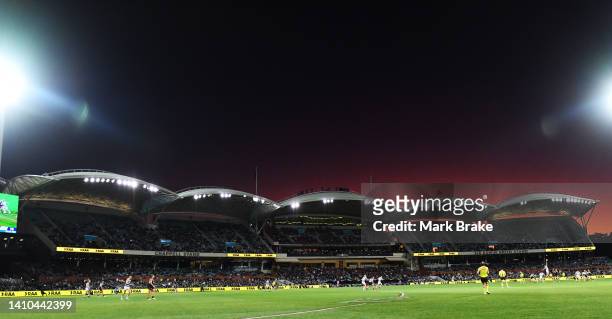 General view of Western stand during the round 19 AFL match between the Port Adelaide Power and the Geelong Cats at Adelaide Oval on July 23, 2022 in...