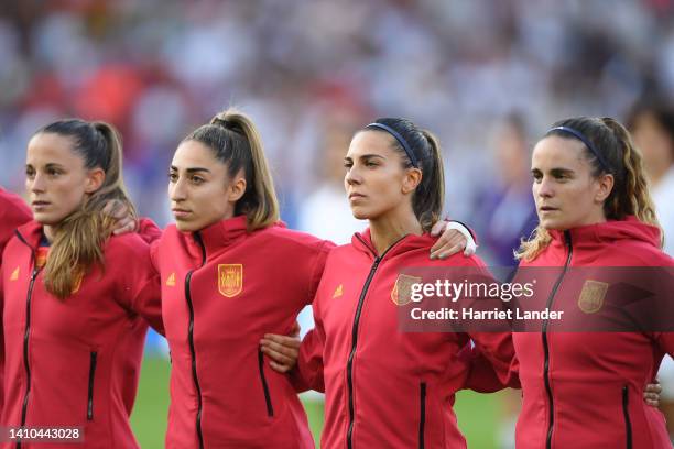 Ona Batlle, Olga Carmona, Marta Cardona, and Teresa Abelleira of Spain sing their national anthem prior to the UEFA Women's Euro England 2022 Quarter...