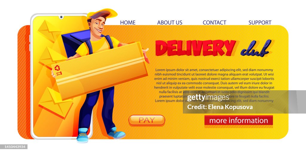 Concepto de entrega a domicilio, correo de mensajería y banner web de comercio electrónico en estilo cartoon. Personaje de dibujos animados de un mensajero con un paquete sobre un fondo blanco aislado. Infografías de pedidos en línea, página web, dise