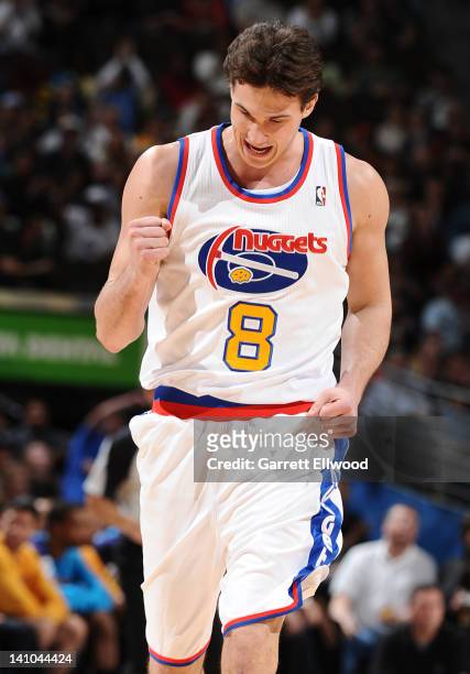 Danilo Gallinari of the Denver Nuggets reacts to the game action against the New Orleans Hornets on March 9, 2012 at the Pepsi Center in Denver,...