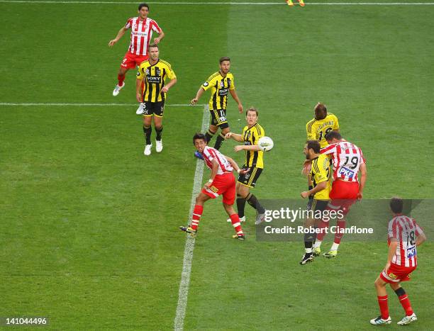 Eli Babalj of the Heart heads the ball to score a goal during the round 23 A-League match between the Melbourne Heart and the Wellington Phoenix at...