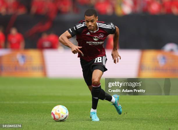 Jan Gyamerah of 1. FC Nuernberg during the Second Bundesliga match between 1. FC Nürnberg and SpVgg Greuther Fürth at Max-Morlock-Stadion on July 23,...