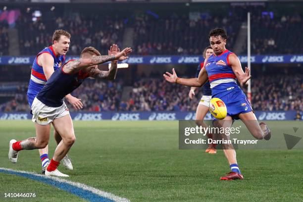 Jamarra Ugle-Hagan of the Bulldogs kicks a gaol during the round 19 AFL match between the Western Bulldogs and the Melbourne Demons at Marvel Stadium...