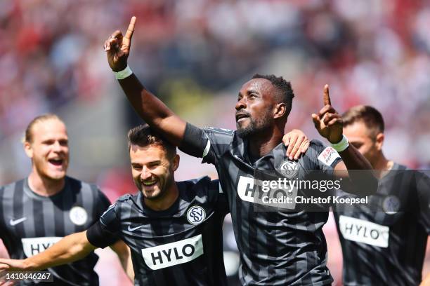 Kevin Koffi of Elversberg celebrates the first goal and 1-0 during the 3. Liga match between Rot-Weiss Essen and SV Elversberg at Stadion an der...