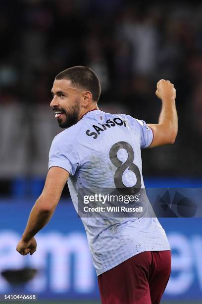 Morgan Sanson of Aston Villa celebrates after Calum Chambers of Aston Villa scores a goal during the Pre-Season Friendly match between Manchester...