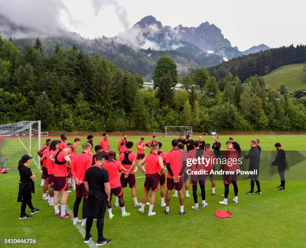 General view while Jurgen Klopp manager of Liverpool is talking with his players during a training session at the Liverpool pre-season training camp...