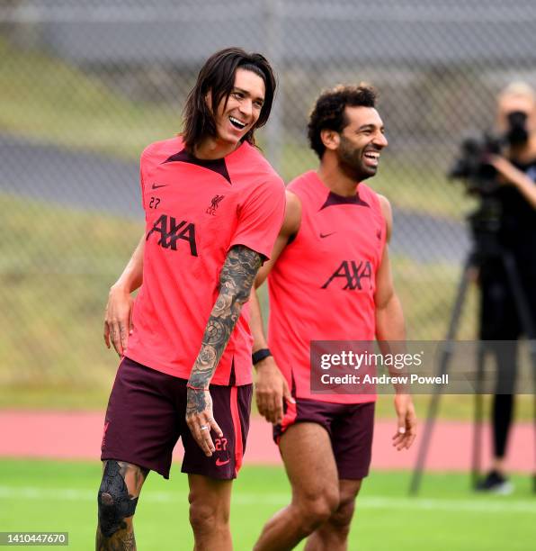 Mohamed Salah and Darwin Nunez of Liverpool during a training session at the Liverpool pre-season training camp on July 23, 2022 in UNSPECIFIED,...