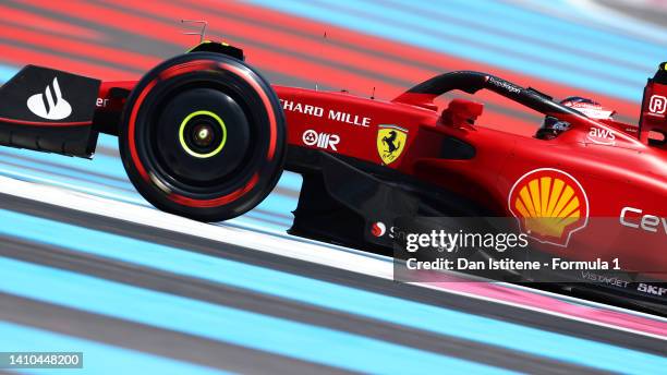 Carlos Sainz of Spain driving the Ferrari F1-75 on track during final practice ahead of the F1 Grand Prix of France at Circuit Paul Ricard on July...