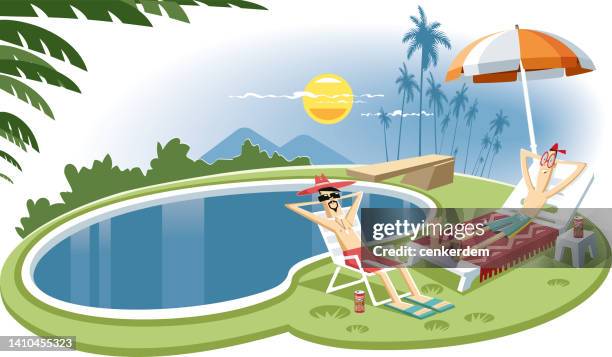 ilustraciones, imágenes clip art, dibujos animados e iconos de stock de un día junto a la piscina - hombre bañador