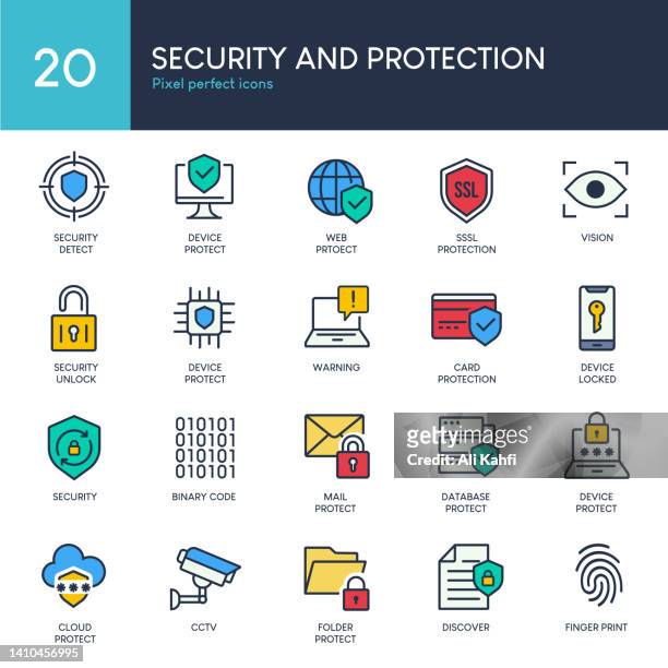 security and protection - set of thin line colors icon vector - personal data stock illustrations