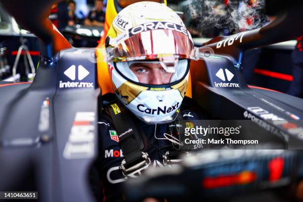 Max Verstappen of the Netherlands and Oracle Red Bull Racing prepares to drive in the garage during qualifying ahead of the F1 Grand Prix of France...