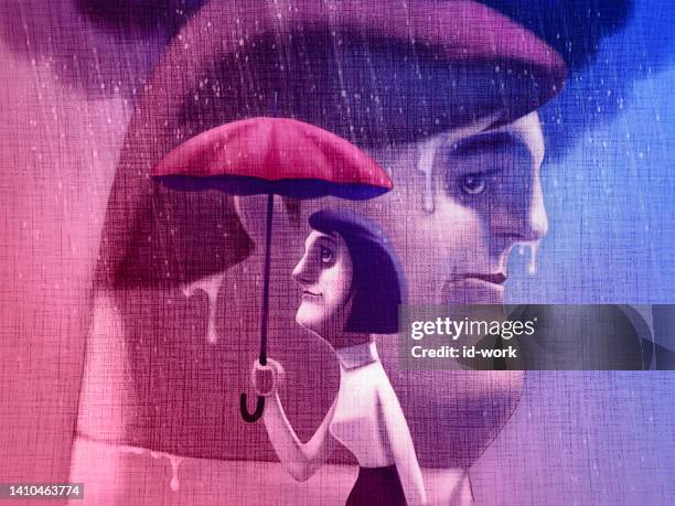 woman holding umbrella behind sad man behind - breaking apart stock illustrations