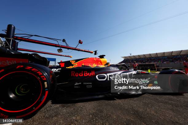 Max Verstappen of the Netherlands driving the Oracle Red Bull Racing RB18 leaves the garage during qualifying ahead of the F1 Grand Prix of France at...