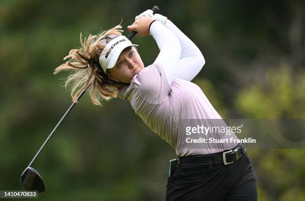 Brooke Henderson of Canada plays her tee shot on the fourth hole during day three of The Amundi Evian Championship at Evian Resort Golf Club on July...