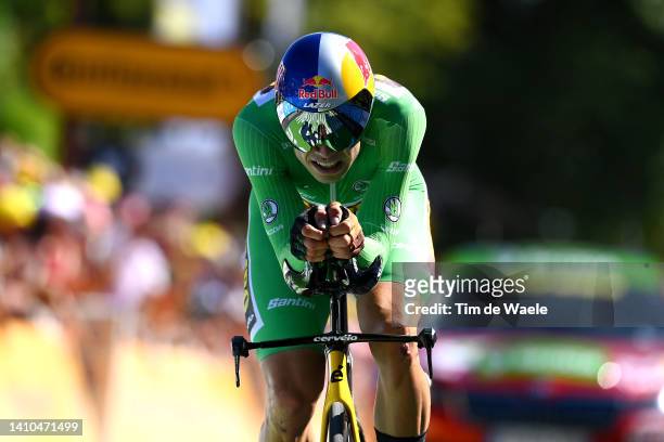 Wout Van Aert of Belgium and Team Jumbo - Visma - Green Points Jersey crosses the finish line during the 109th Tour de France 2022, Stage 20 a 40,7km...