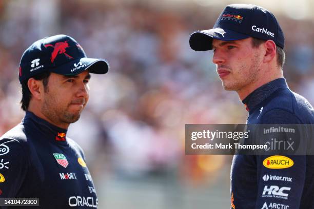 Second placed qualifier Max Verstappen of the Netherlands and Oracle Red Bull Racing and Third placed qualifier Sergio Perez of Mexico and Oracle Red...