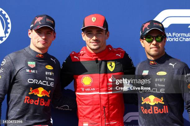 Pole position qualifier Charles Leclerc of Monaco and Ferrari , Second placed qualifier Max Verstappen of the Netherlands and Oracle Red Bull Racing...