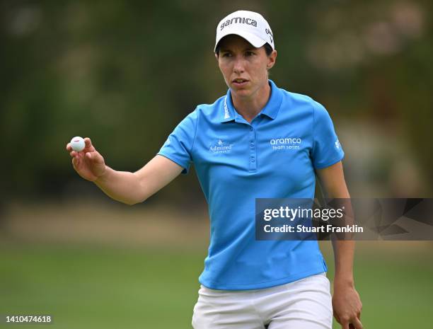 Carlota Ciganda of Spain celebrates her putt on the 11th during day three of The Amundi Evian Championship at Evian Resort Golf Club on July 23, 2022...