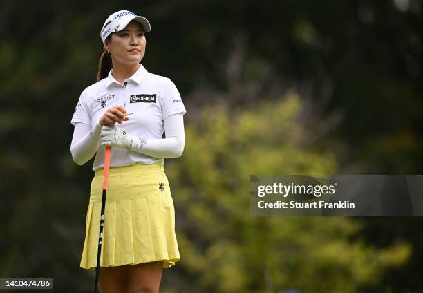 So Yeon Ryu of Korea waits to play her tee shot on the fourth hole during day three of The Amundi Evian Championship at Evian Resort Golf Club on...