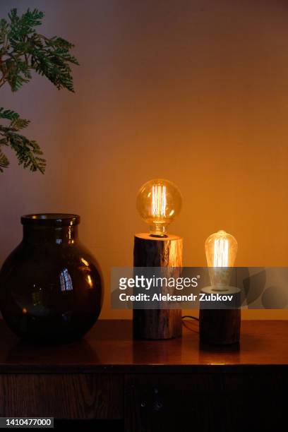 modern luxurious interior of a room or living room with a stylish wooden table or chest of drawers. beautiful plant branches and flowers in elegant glass vases. electric designer table lamps. romantic atmosphere in the bedroom. - table lamp stockfoto's en -beelden