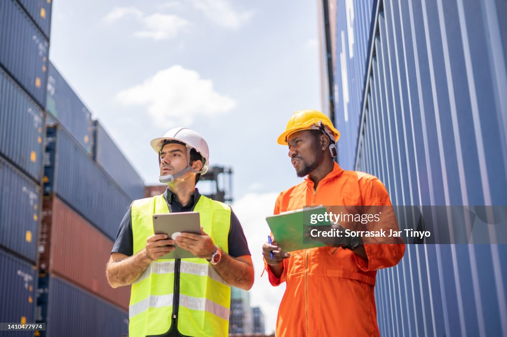 Container Worker Team Of Shipping Container Port Worker Inspect The Cargo Container At ...