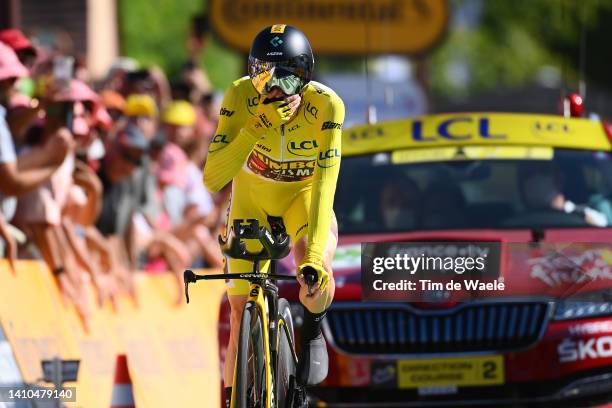 Jonas Vingegaard Rasmussen of Denmark and Team Jumbo - Visma - Yellow Leader Jersey crosses the finish line and celebrates as final overall winner...