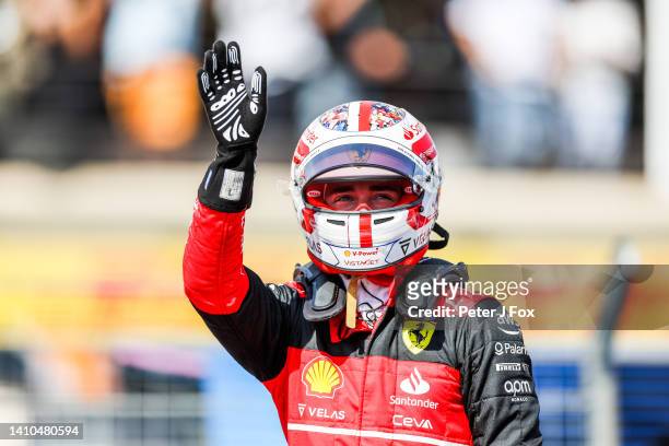 Charles Leclerc of Ferrari and Monaco celebrates pole position during qualifying ahead of the F1 Grand Prix of France at Circuit Paul Ricard on July...