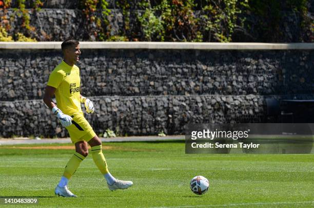 Newcastle United Goalkeeper Karl Darlow passes the ball during a Pre Season training session with Burnley FC at the Portuguese Football Federation’s...