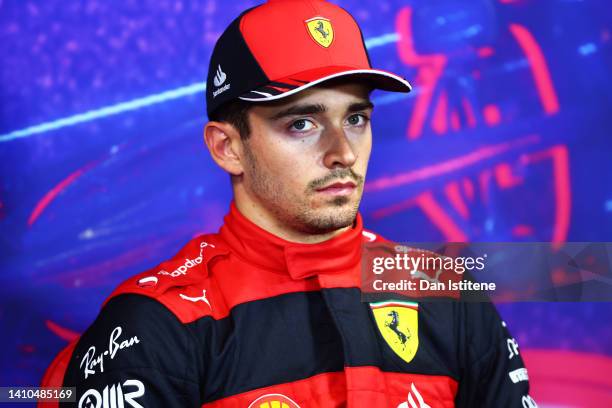 Pole position qualifier Charles Leclerc of Monaco and Ferrari looks on in the press conference after qualifying ahead of the F1 Grand Prix of France...