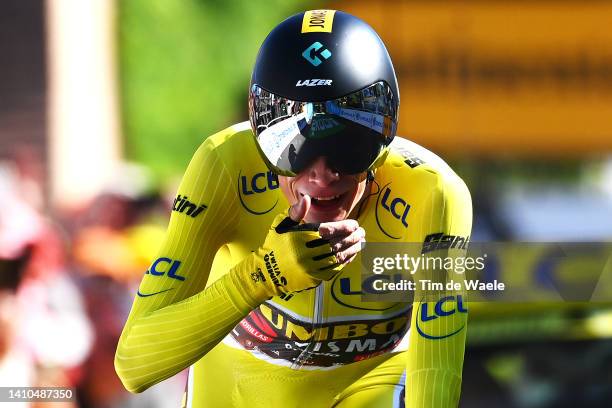 Jonas Vingegaard Rasmussen of Denmark and Team Jumbo - Visma Yellow Leader Jersey crosses the finish line during the 109th Tour de France 2022, Stage...