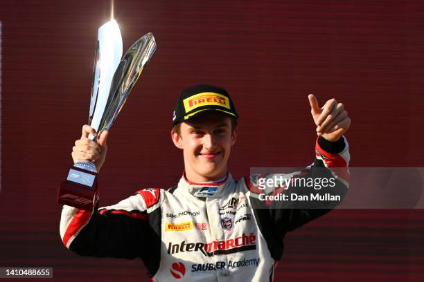 Third placed Theo Pourchaire of France and ART Grand Prix celebrates on the podium during the Round 9:Le Castellet Sprint race of the Formula 2...