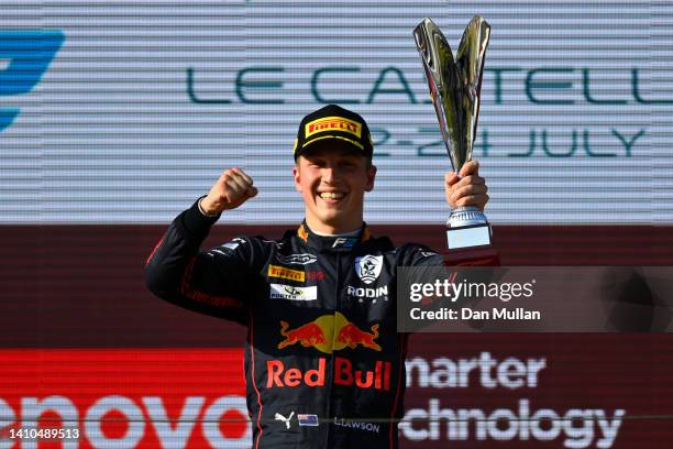 Race winner Liam Lawson of New Zealand and Carlin celebrates on the podium during the Round 9:Le Castellet Sprint race of the Formula 2 Championship...