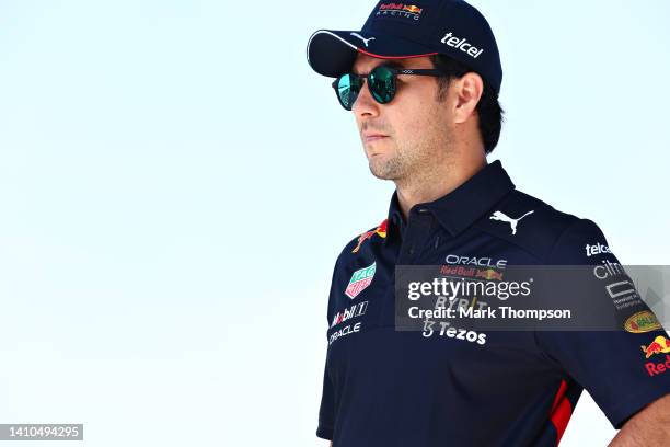 Sergio Perez of Mexico and Oracle Red Bull Racing greets fans prior to final practice ahead of the F1 Grand Prix of France at Circuit Paul Ricard on...