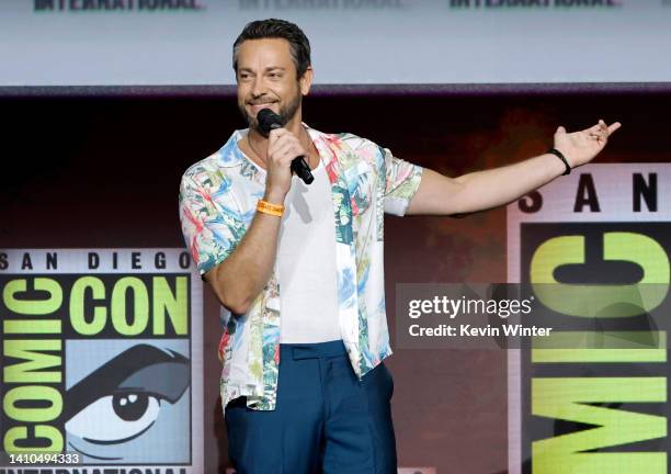 Zachary Levi speaks onstage at the Warner Bros. Theatrical session with "Black Adam" and "Shazam: Fury of the Gods" panel during 2022 Comic Con...