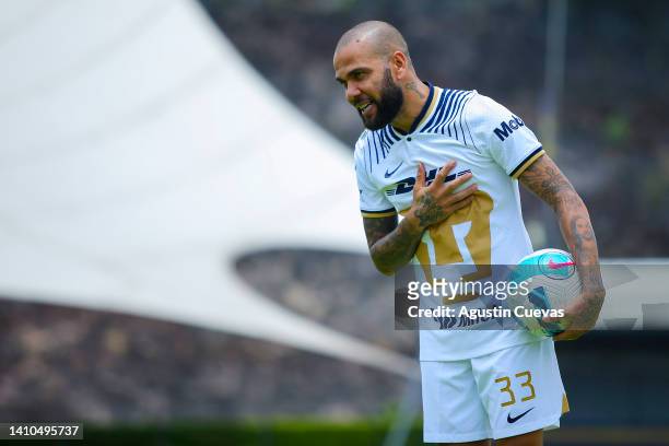 Dani Alves poses during his unveiling as new player of Pumas UNAM at La Cantera on July 23, 2022 in Mexico City, Mexico.