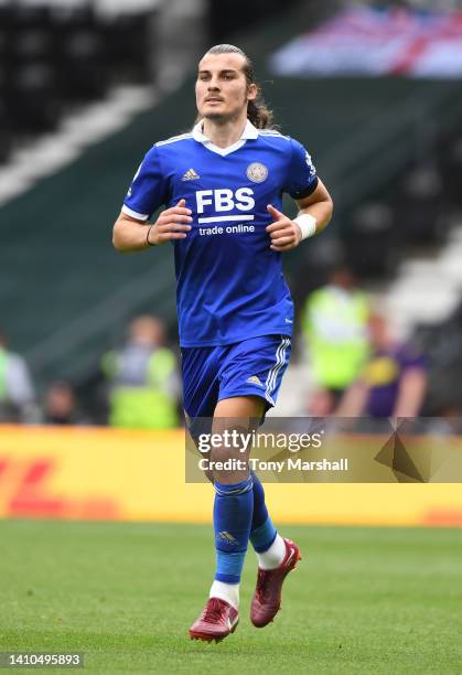 Caglar Soyuncu of Leicester City in action during the Pre-Season Friendly match between Derby County and Leicester City at Pride Park on July 23,...