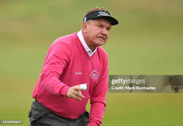 Paul Broadhurst of England finishes his round at the 18th green during Day Three of The Senior Open Presented by Rolex at The King's Course at...