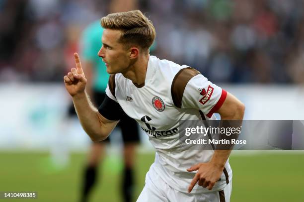 Johannes Eggestein of FC St. Pauli celebrates after he sores the opening goal during the Second Bundesliga match between Hannover 96 and FC St. Pauli...