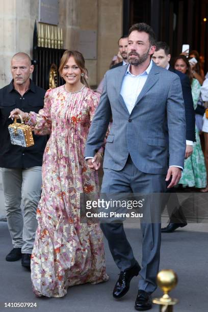 Jennifer Lopez and Ben Affleck are seen leaving Hôtel de Crillon on July 23, 2022 in Paris, France.