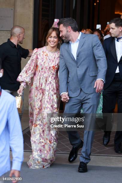 Jennifer Lopez and Ben Affleck are seen leaving Hôtel de Crillon on July 23, 2022 in Paris, France.