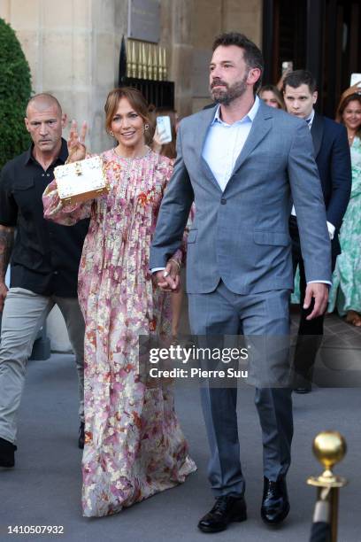 Jennifer Lopez and Ben Affleck are seen leaving Hôtel de Crillon on July 23, 2022 in Paris, France.